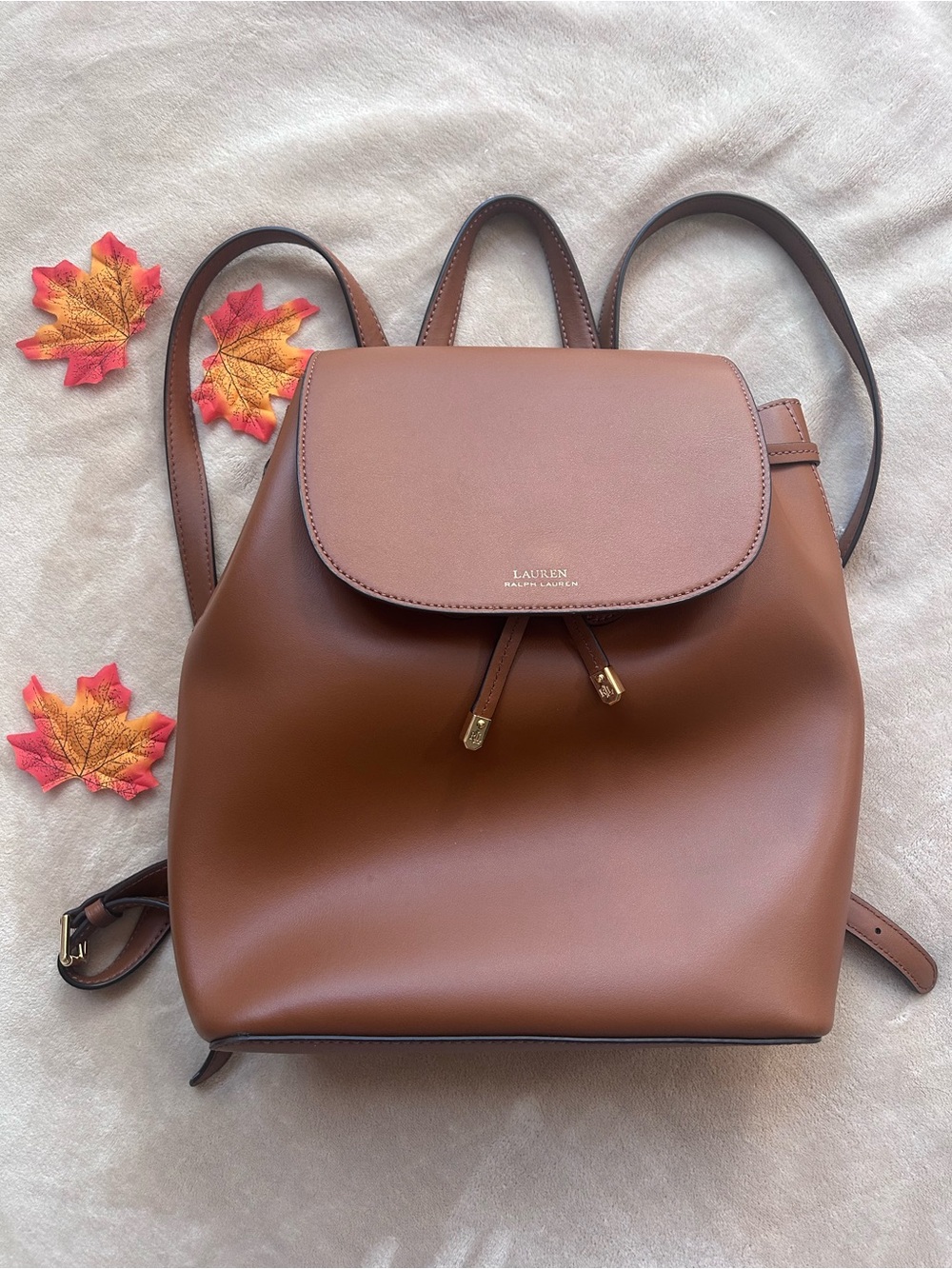Lauren Ralph Lauren Cognac Leather Backpack with Gold Accents
